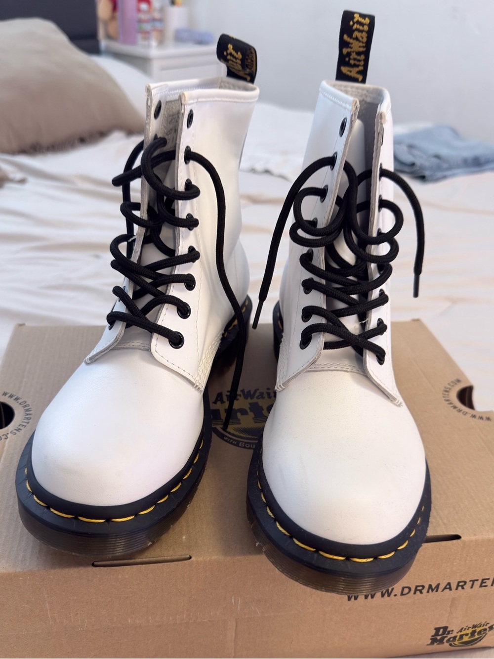 Dr. Martens White Lace-Up Combat Boots with Black Laces